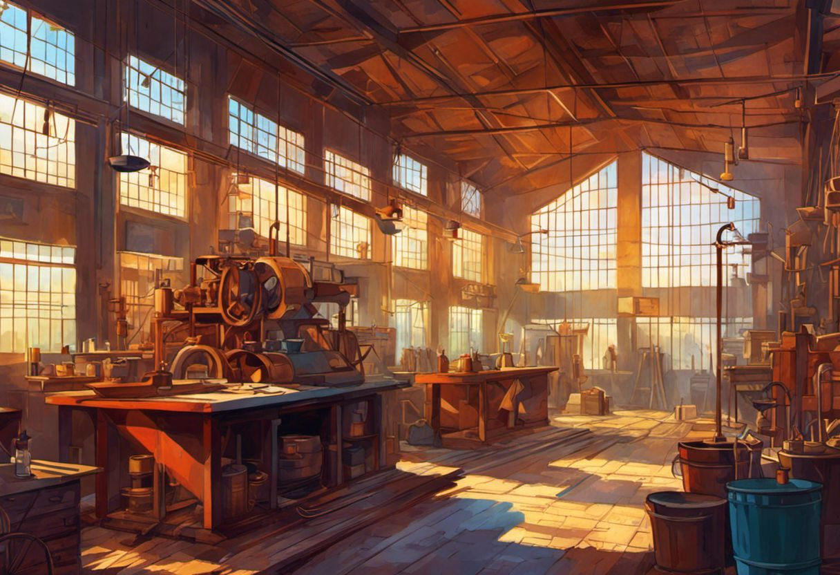 Atelier de l'industrie du XIXe siècle avec éléments colorés