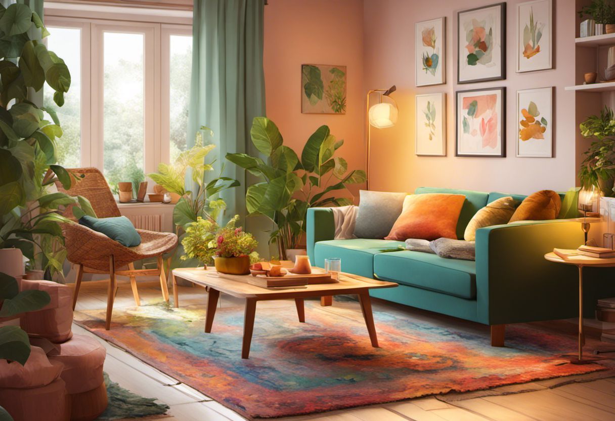 Peinture numérique colorée : un salon confortable avec éléments inspirés de la nature